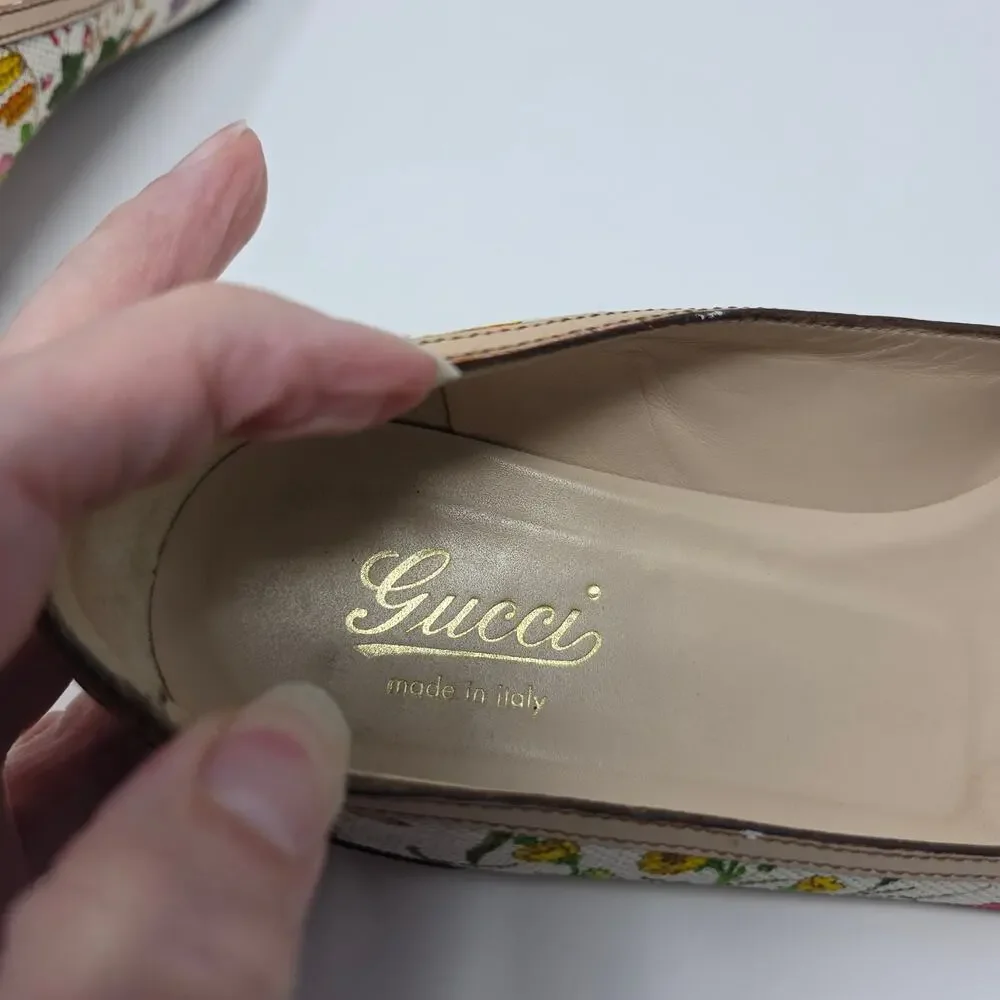 Gucci Horsebit Ballerina Floral Vintage Bamboo Flats Canvas Leather IT 36C 6